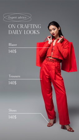 Designvorlage Rotes Outfit mit Preisen und kompetenter Beratung zum täglichen Look für Instagram Video Story