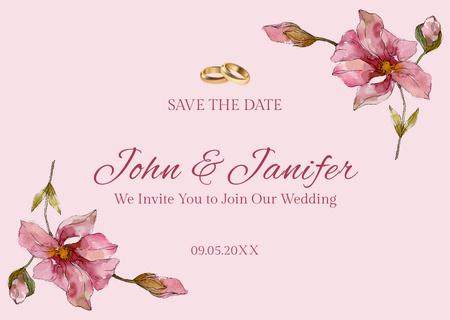 Save the Date of Wedding with Pink Flowers Card Design Template