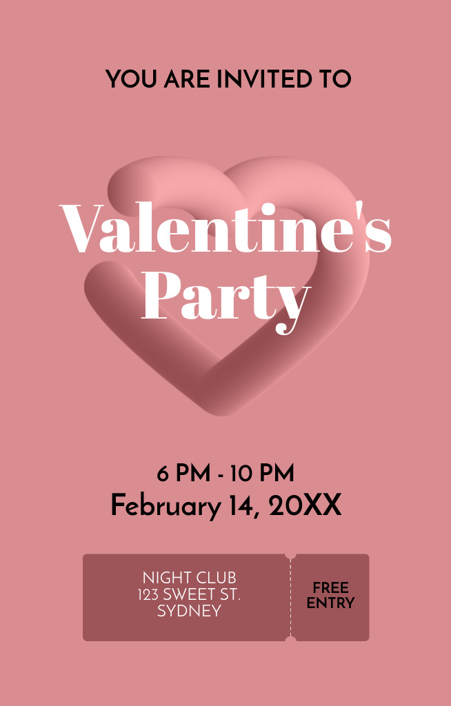 Valentine's Party Announcement with Pink 3d Heart Invitation 4.6x7.2in Tasarım Şablonu