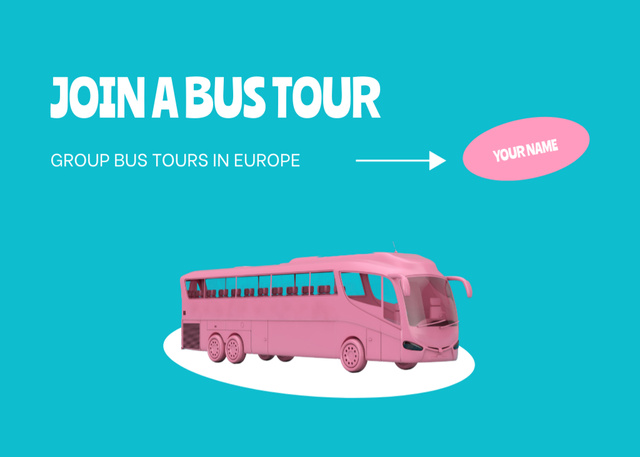 Travel Tour Ad with Pink Bus on Blue Flyer 5x7in Horizontal Modelo de Design