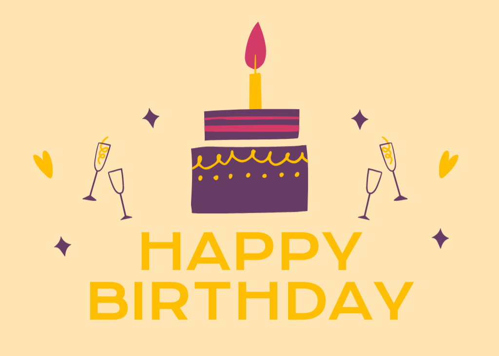Birthday Greetings with Cake on Yellow Postcard 5x7in tervezősablon