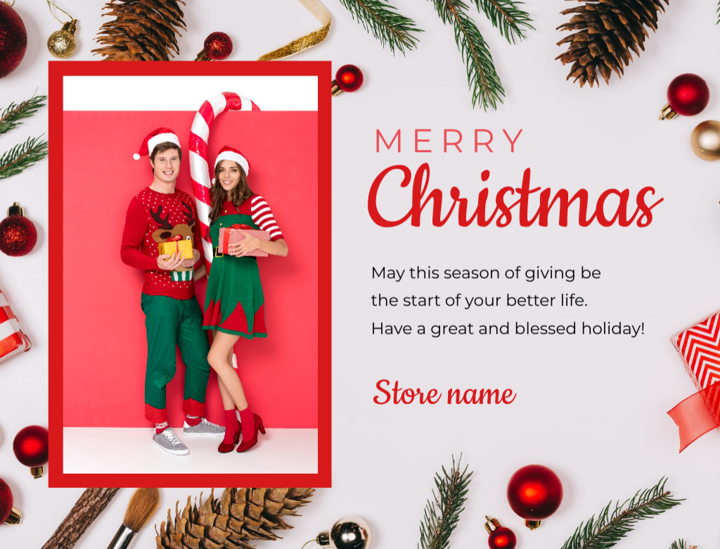 Platilla de diseño Gleeful Christmas Congrats With Couple In Elves Costumes Postcard 4.2x5.5in