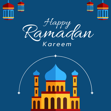 Designvorlage Ramadan-Kareem-Gruß mit Moschee auf Blau für Instagram