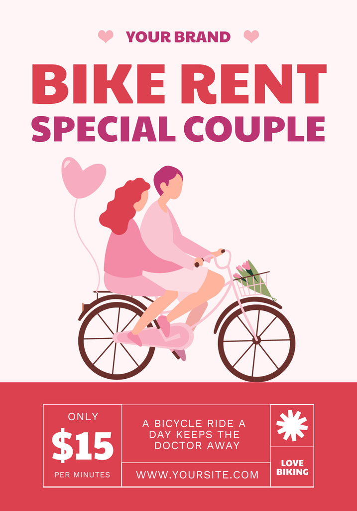 Magnificent Bicycle Rental Announcement With Couple illustration Poster 28x40in – шаблон для дизайну