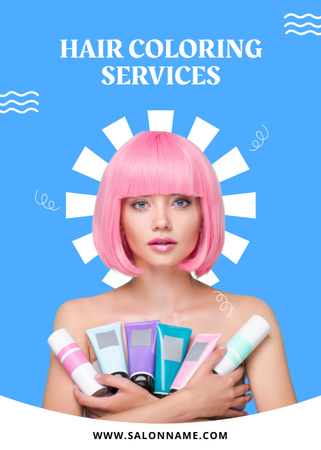 Designvorlage Junge Frau mit rosa Haaren, die Tuben mit färbenden Haarwassern hält für Flayer