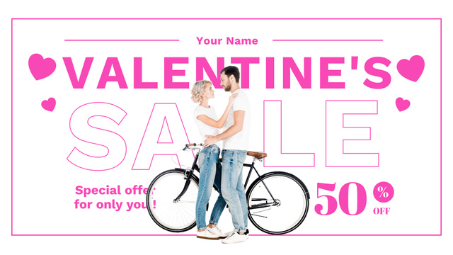 Valentine's Day Sale with Couple in Love on Bicycle FB event cover – шаблон для дизайна