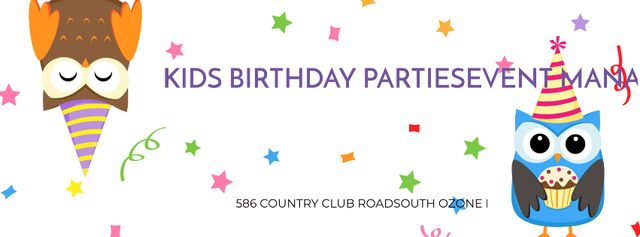Plantilla de diseño de Birthday Party Management Studio Ad with Party Owls Facebook cover 