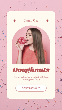 Промо магазину пончиків із молодою жінкою, яка їсть рожевий пончик Instagram Story – шаблон для дизайну
