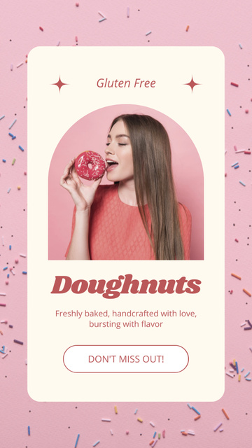 Doughnut Shop Promo with Young Woman eating Pink Donut Instagram Story Πρότυπο σχεδίασης