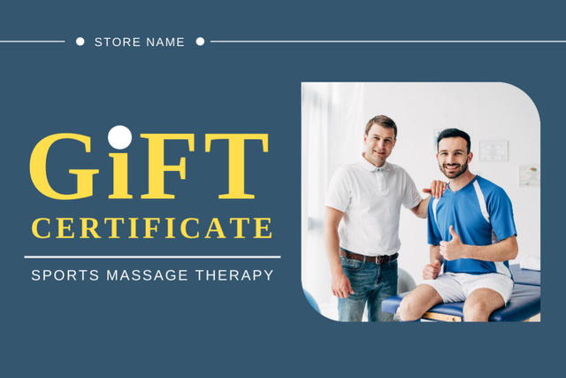 Sports Massage Center Ad with Smiling Therapist and Athlete Gift Certificate Modelo de Design