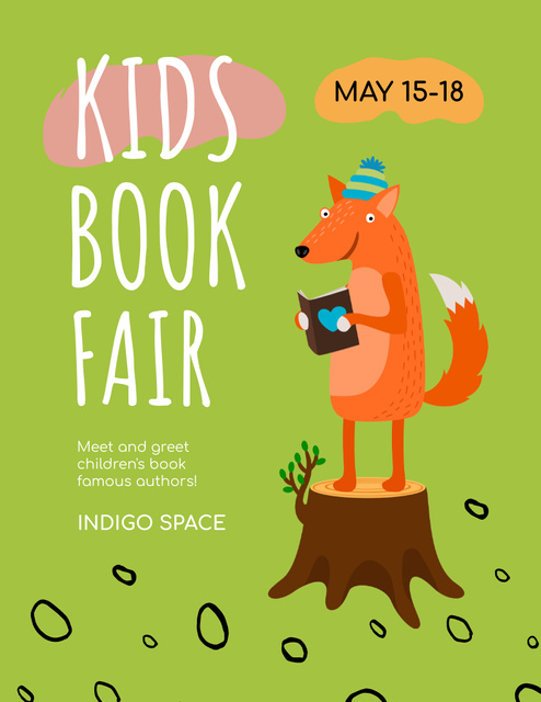 Children's Book Fair Announcement with Cute Fox Poster 8.5x11in Design Template