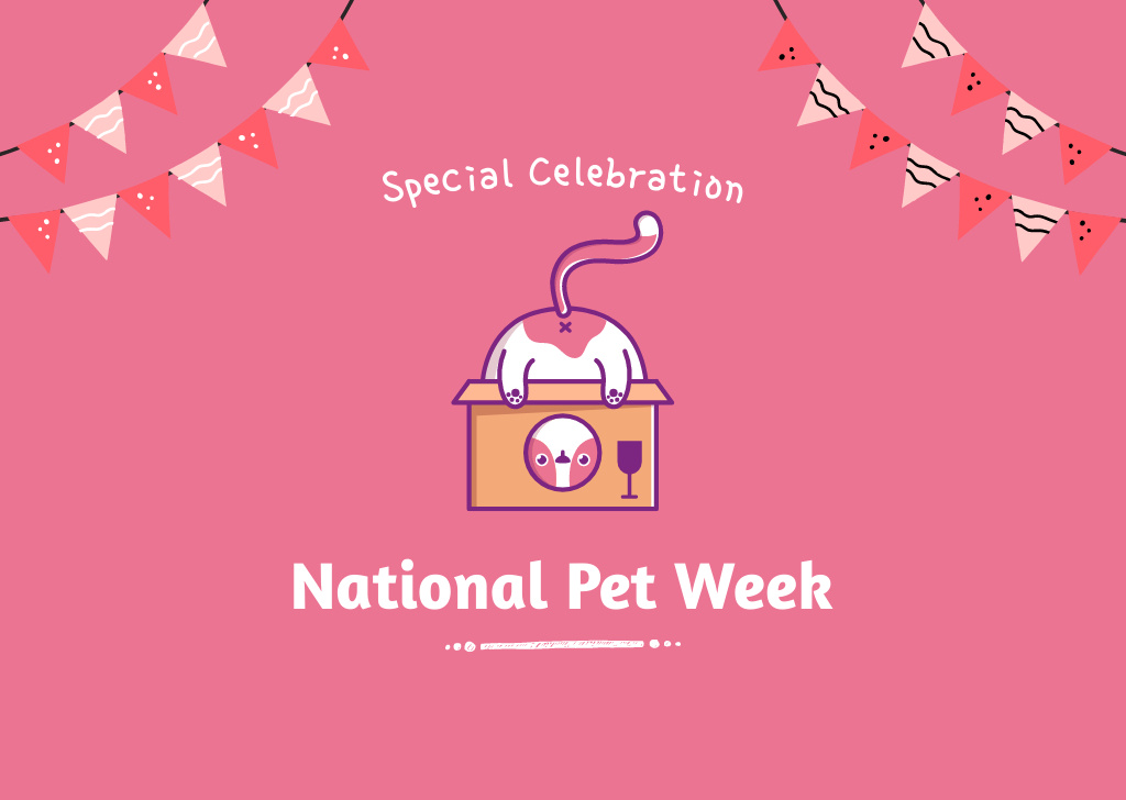 National Pet Week with Playful Cat and Garlands Card Design Template