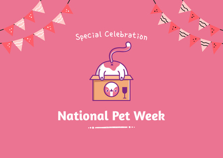 National Pet Week with Playful Cat and Garlands Cardデザインテンプレート