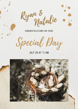 Wedding Greeting With Golden Engagement Rings In Nest Postcard 5x7in Vertical Design Template