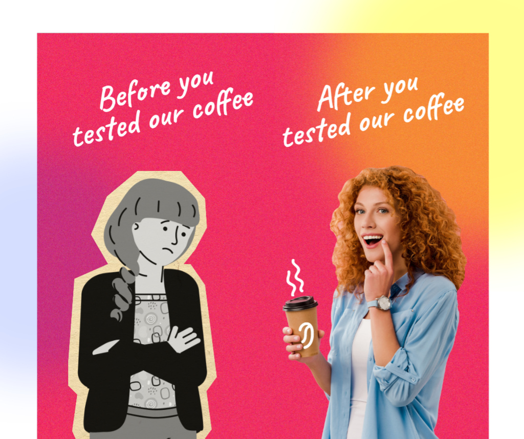 Designvorlage Funny Coffeeshop Promotion with Woman holding Cup für Facebook