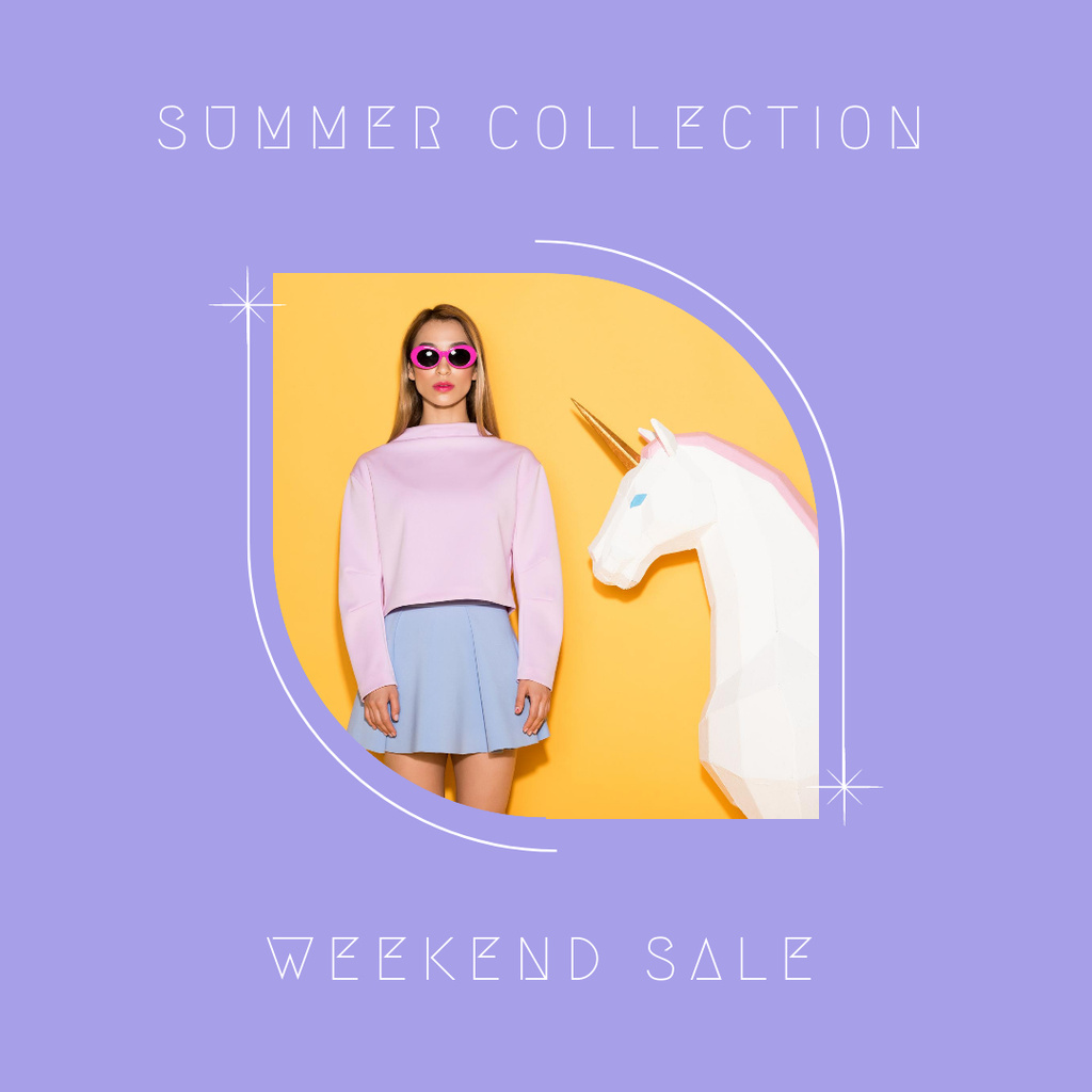 Sale Announcement of Summer Collection with Attractive Woman with Glasses and Unicorn Instagramデザインテンプレート