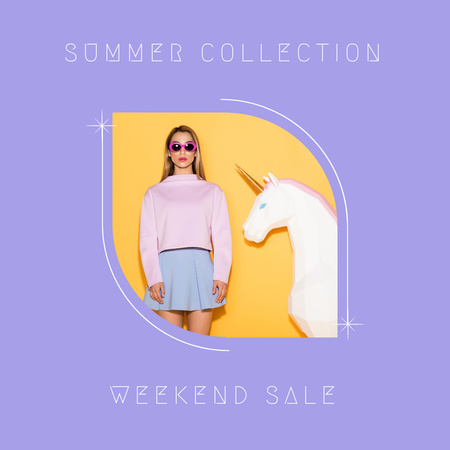 Ontwerpsjabloon van Instagram van verkoop aankondiging van summer collectie met aantrekkelijke vrouw met bril en eenhoorn