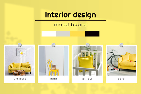Keltaiset elementit sisustussuunnittelussa Mood Board Design Template