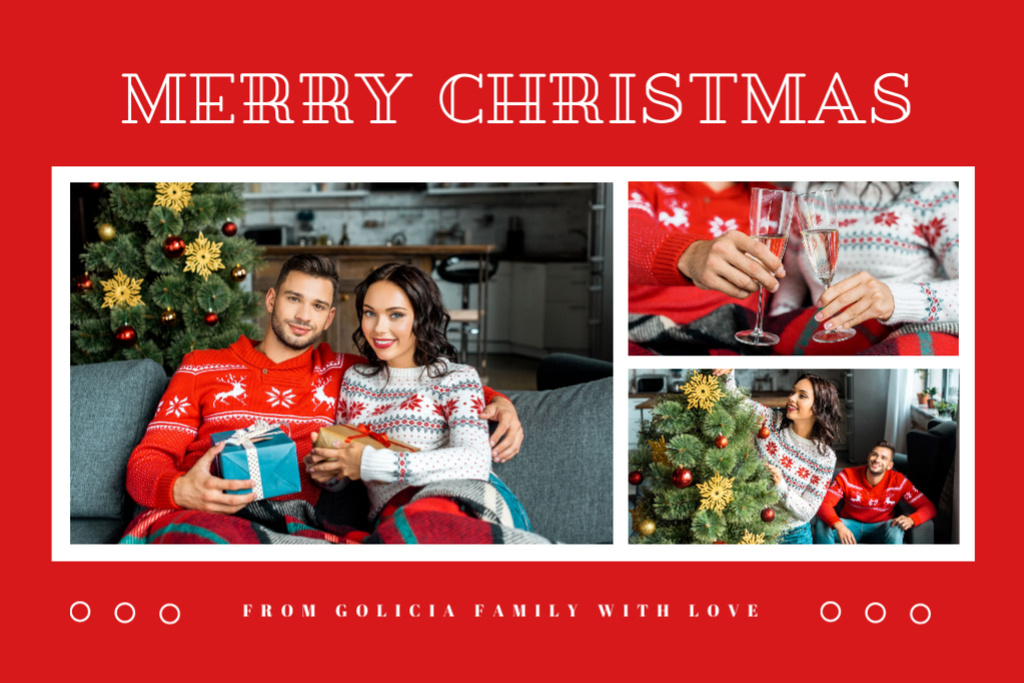 Platilla de diseño Gleeful Christmas Greeting Couple By Fir Tree In Red Postcard 4x6in