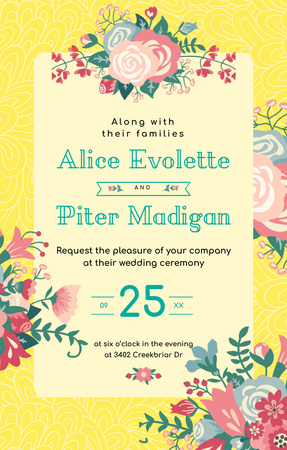Template di design Annuncio di matrimonio con fiori illustrati su giallo Invitation 4.6x7.2in
