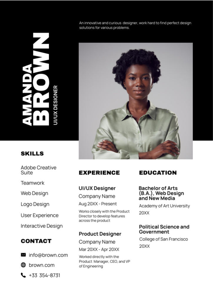 Web Designer's Skills and Experience with Young Black Woman Resume – шаблон для дизайну