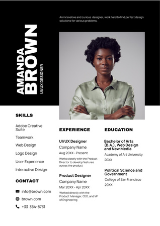 Modèle de visuel Compétences et expérience d'un concepteur Web avec une jeune femme noire - Resume
