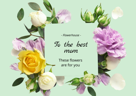 Mother's Day Holiday Greeting with Beautiful Flowers Postcard A5 Design Template