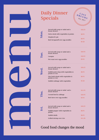 Dinners Offer in Blue and Pink Menu Design Template