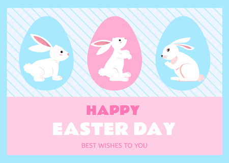 Happy Easter Day Wishes with Cute Easter Bunnies in Easter Eggs Card Design Template