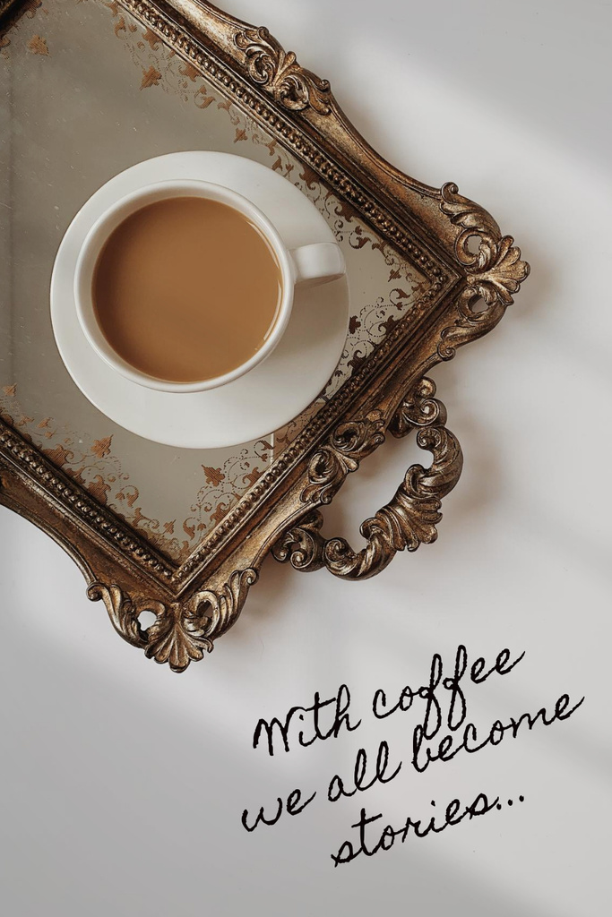 Ontwerpsjabloon van Pinterest van Inspirational Phrase with Coffee on Vintage Tray