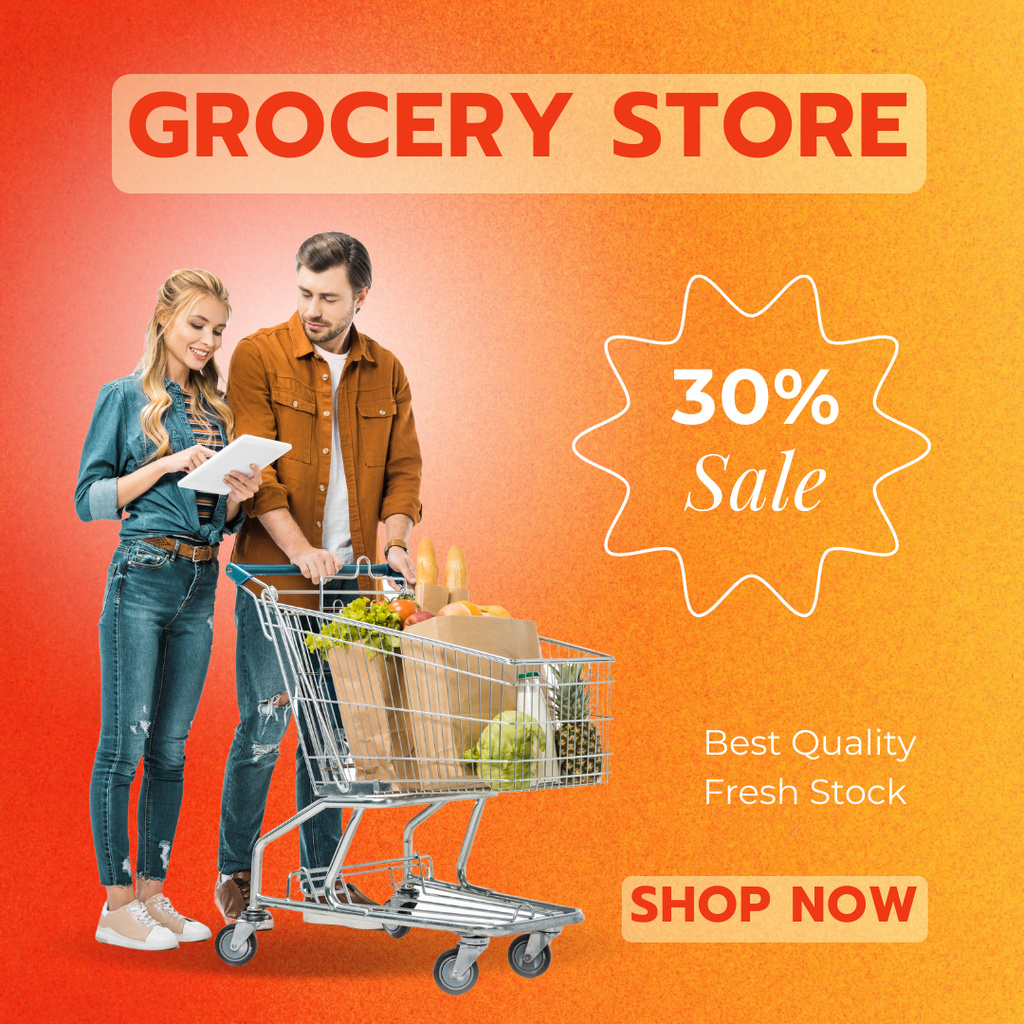 Fresh Groceries Sale Offer And Couple With Trolley Instagram Modelo de Design