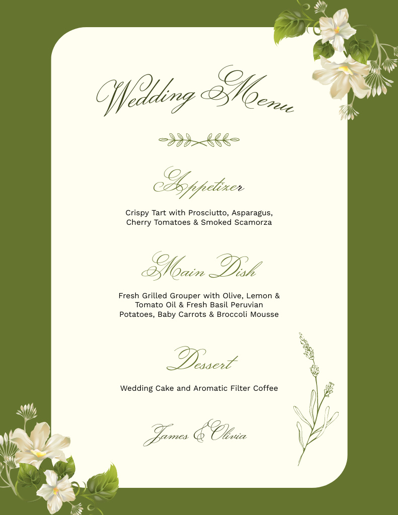 Wedding Appetizers List on Vivid Green Background Menu 8.5x11in Design Template