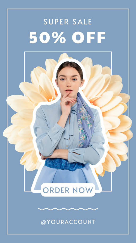 Spring Sale with Young Brunette Woman in Blue Instagram Story Tasarım Şablonu