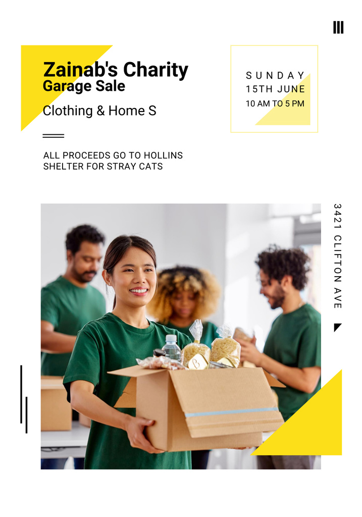 Charity Garage Sale Ad with Friendly Volunteer Poster 28x40in Modelo de Design