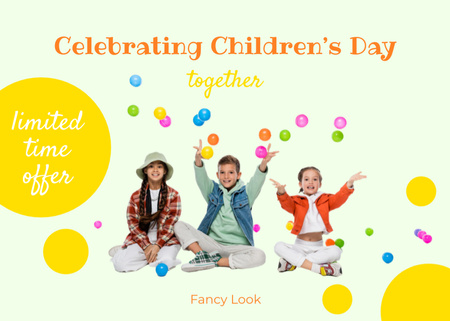 Platilla de diseño Children's Day Celebrating Offer with Colorful Balloons Postcard 5x7in