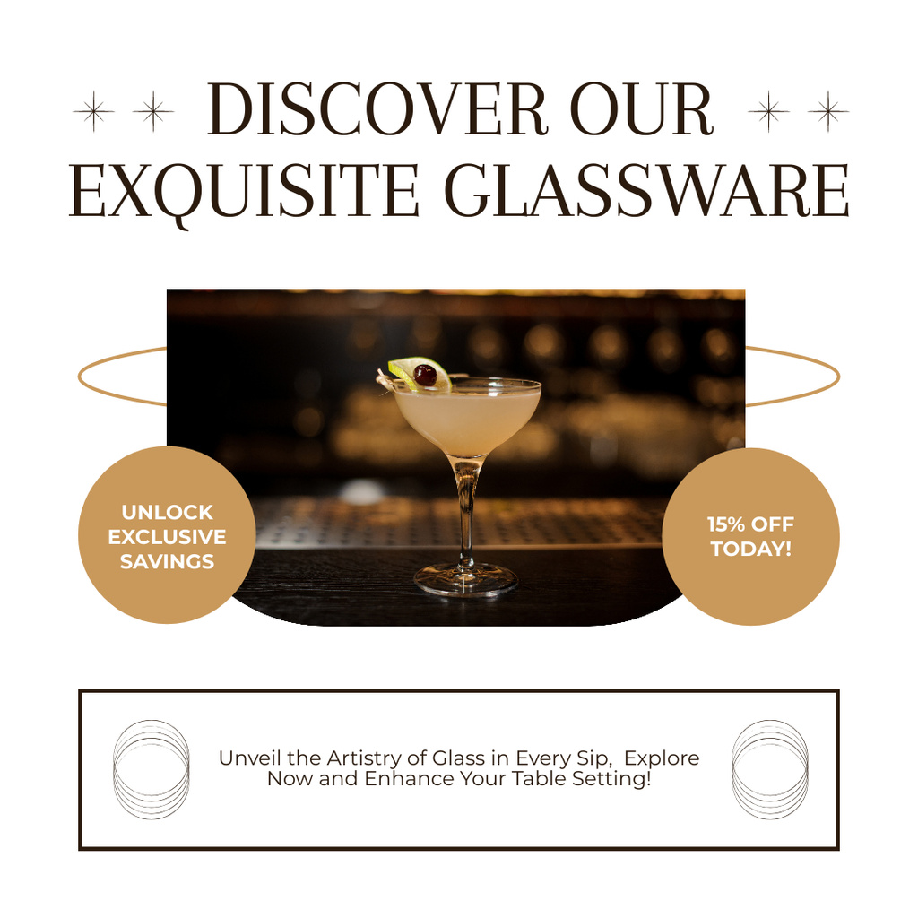 Ad of Exquisite Glassware with Cocktail Glass Instagram Tasarım Şablonu