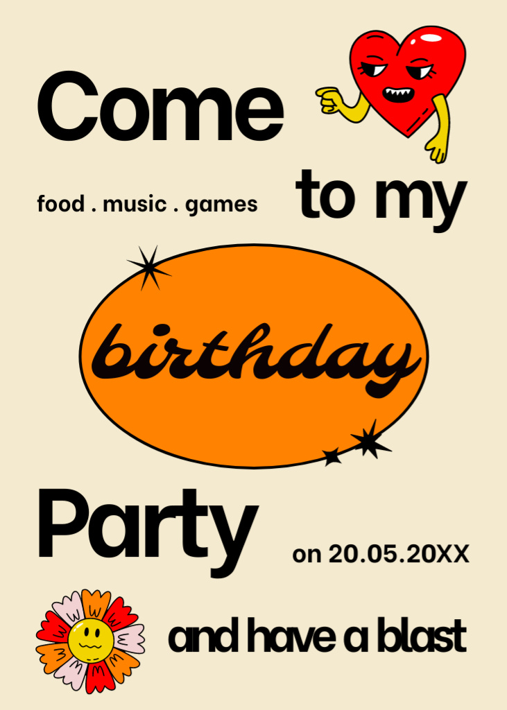 Birthday Party Event Invitation with Cute Stickers Flayer Tasarım Şablonu