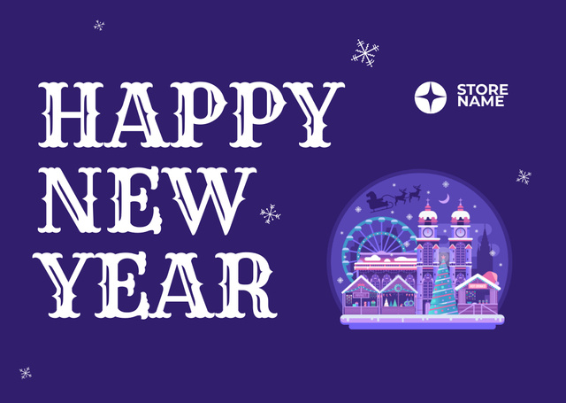 New Year Holiday Greeting with Festive Town Postcard Tasarım Şablonu