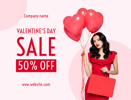 Valentine's Day Sale Announcement with Spectacular Brunette in Red Thank You Card 5.5x4in Horizontal Design Template