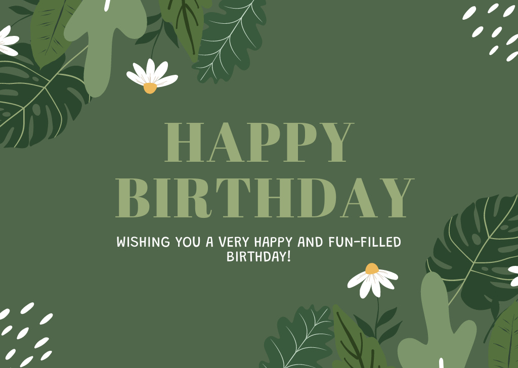Happy Birthday Wishes on Green with Plants Card Tasarım Şablonu