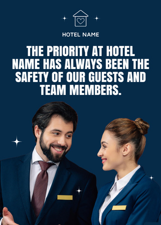Hotel Mission Description with Young Man and Woman in Uniform Flayer Design Template
