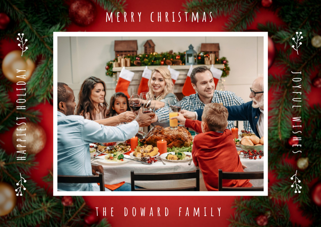 Platilla de diseño Merry Christmas Greeting Family with Baubles Card