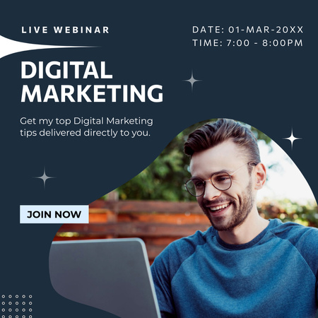 Digitális marketing élő webinárium bejelentése mosolygó férfival Instagram tervezősablon