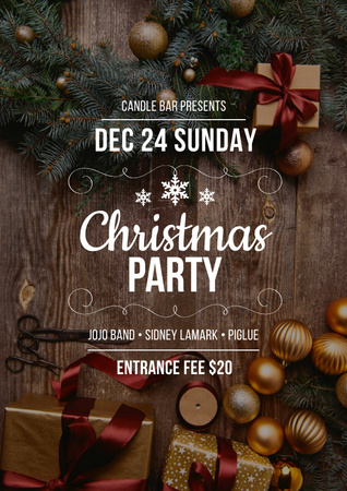 Christmas Party Invitation with Garland and Tree Poster Tasarım Şablonu