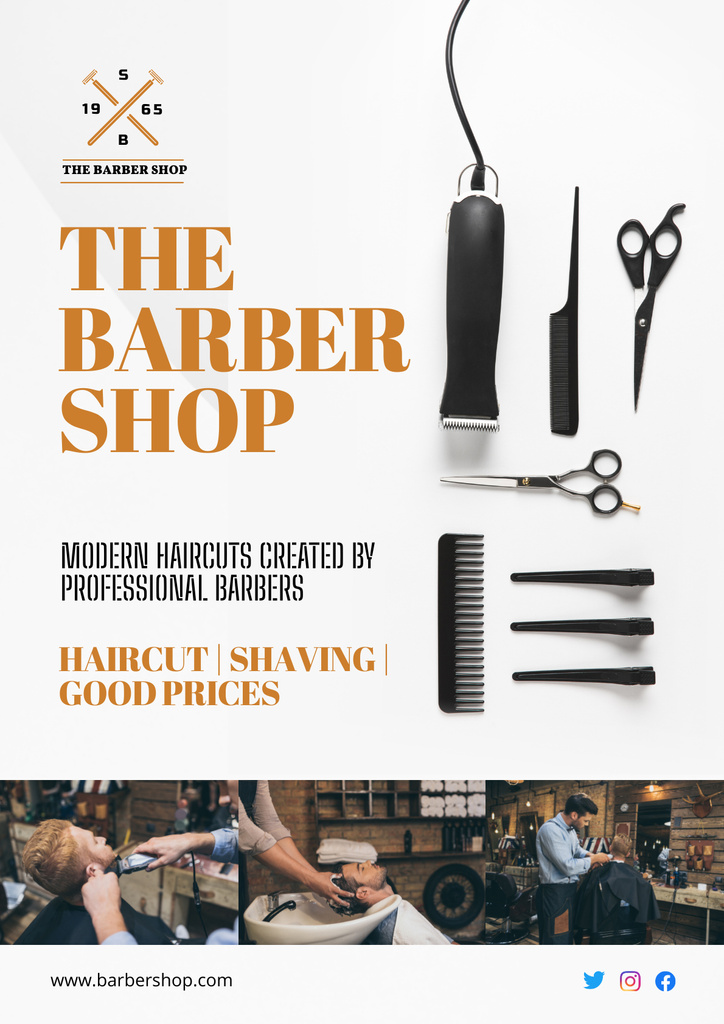 Designvorlage Barber Shop Ad with Hairdressing Tools für Poster