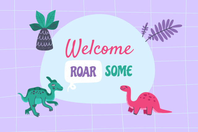 Plantilla de diseño de Welcome Home Phrase With Cute Dinosaurs Postcard 4x6in 