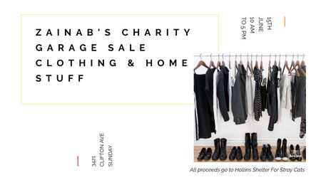 Charity Sale announcement Black Clothes on Hangers Title Design Template