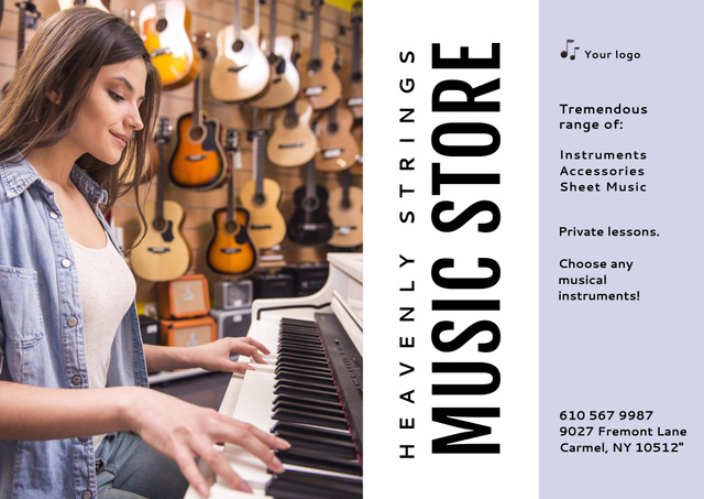 Music Store Ad with Piano And Guitars In Purple Poster B2 Horizontal Design Template