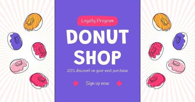 Doughnut Shop Promo with Illustration of Colorful Donuts Facebook ADデザインテンプレート