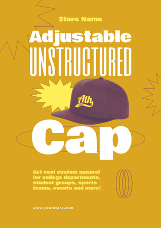 College Apparel and Merchandise Offer with Branded Cap on Yellow Poster B2 – шаблон для дизайну